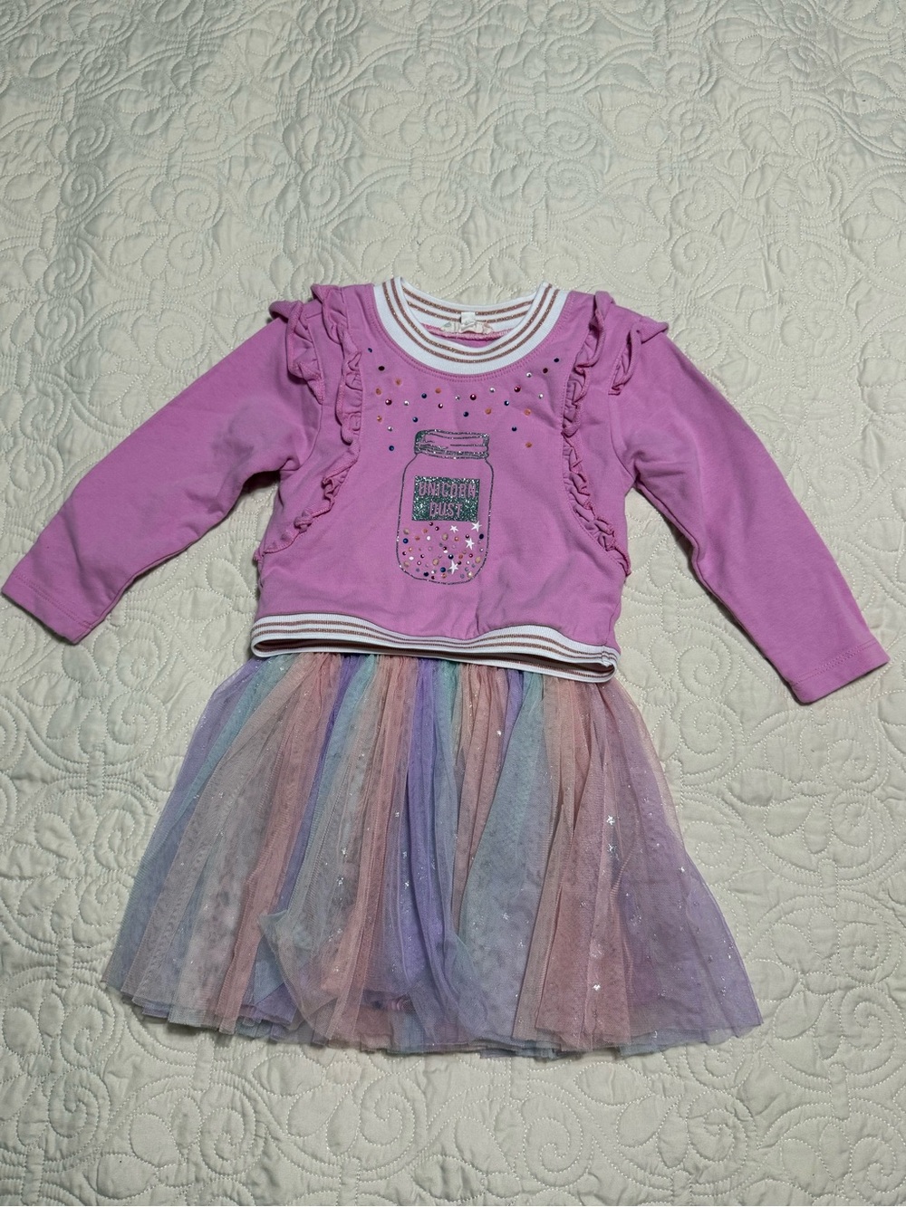 Girls Unicorn 2 piece outfit with pastel rainbow tulle dress ruffle sweatshirt